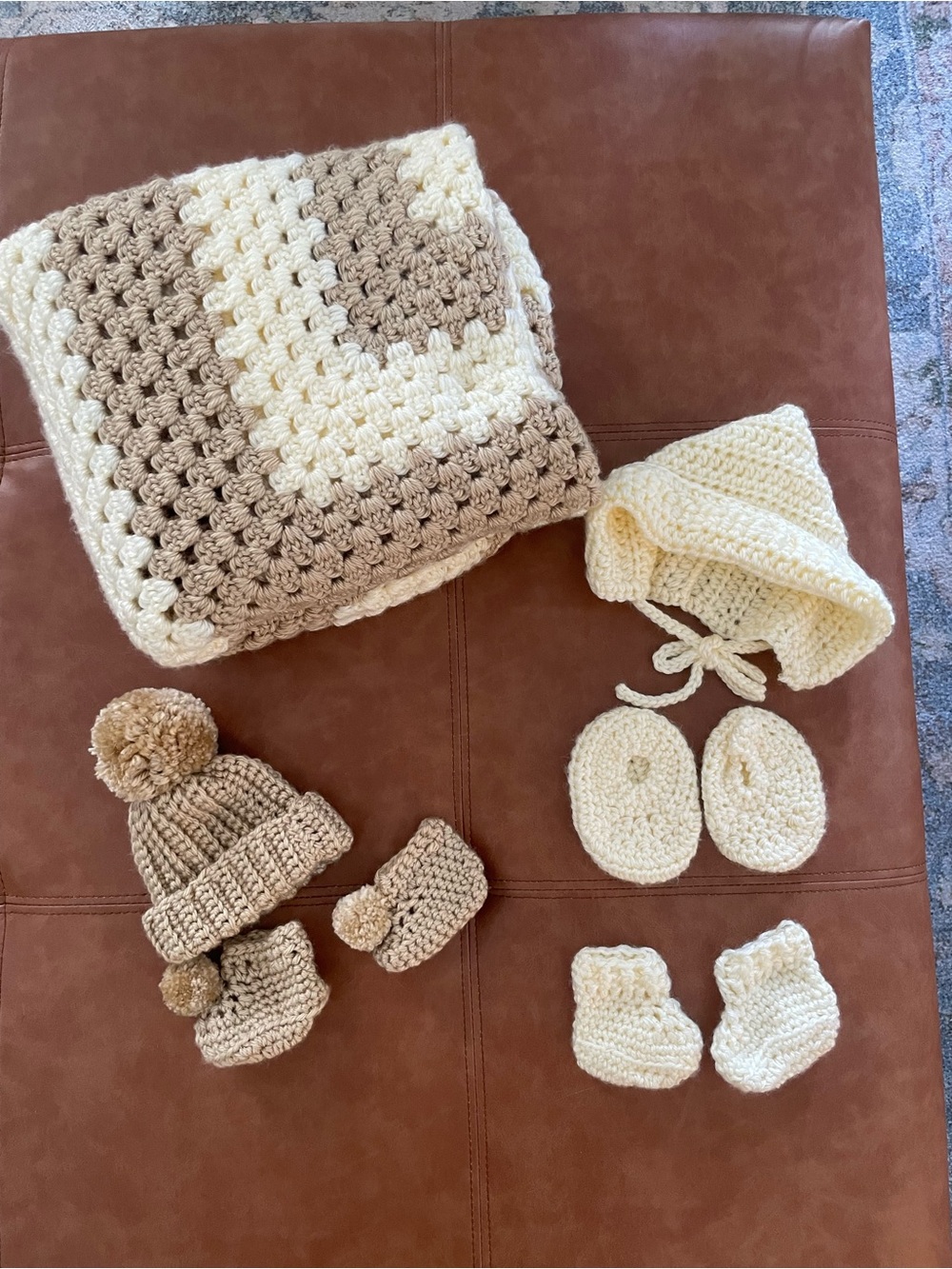 Handmade Beige & Cream Baby Crochet Set - Includes Blanket, Hats & Booties